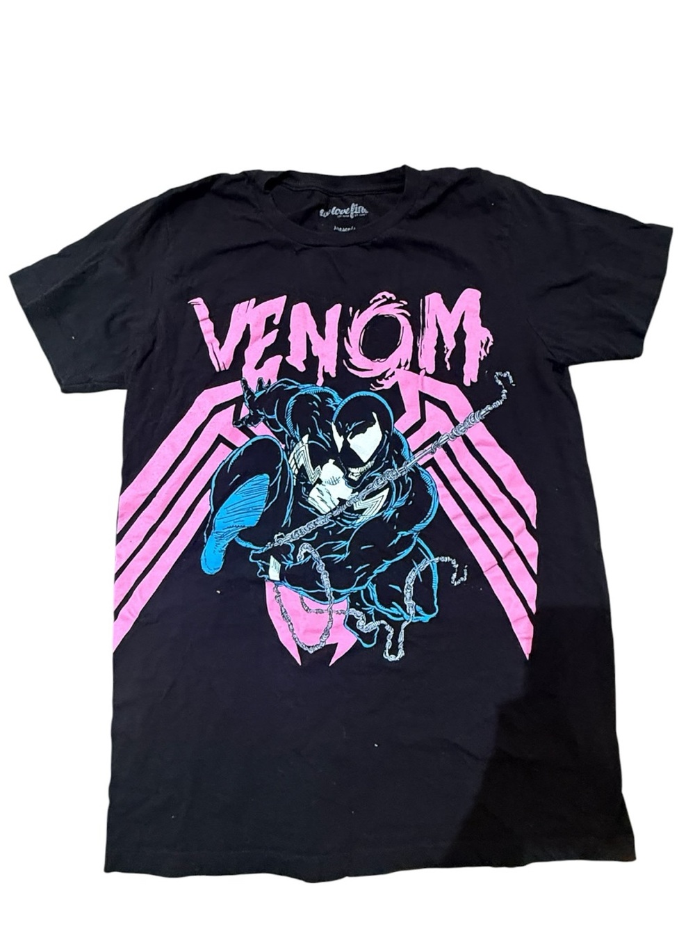 Venom Graphic Tee in Black with Pink & Blue Print size m